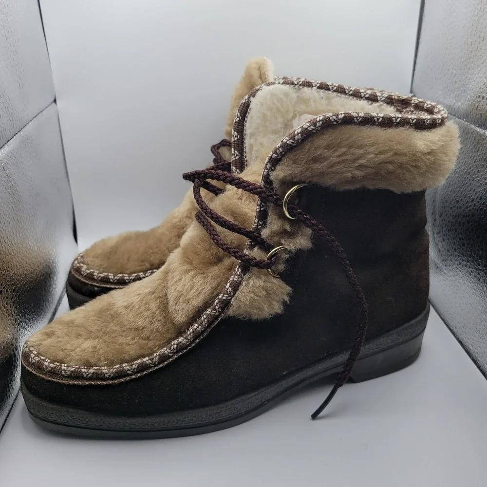 Yodeler Womens 8 Leather Boots Vintage USA Brown Faux Fur Trim Winter Snow Shoes